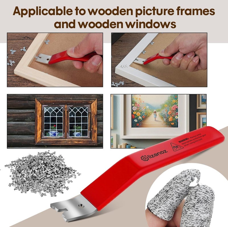 lizenoz Red Glazier Point Driver Tool with 200 Glazing Points & 2 Finger Cots - for Framing Glass, Pictures, Cross Stitch - Rust-Resistant Iron/Zinc Push Points, Easy-Grip Handle - Image 5